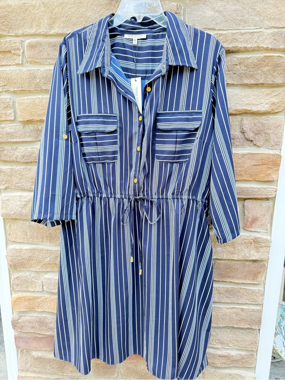 NWT Speed Control New York Navy Blue & White Striped Shirt Dress | 3X